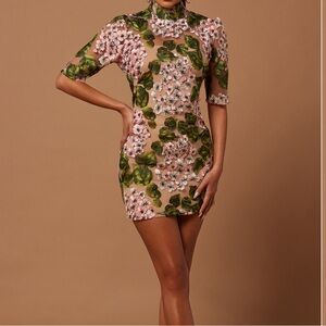 Elodie Pink and Green Embroidered Mini Dress
